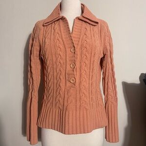 Cable Knit Pullover Button-Up Sweater Peach Light Orange M Medium